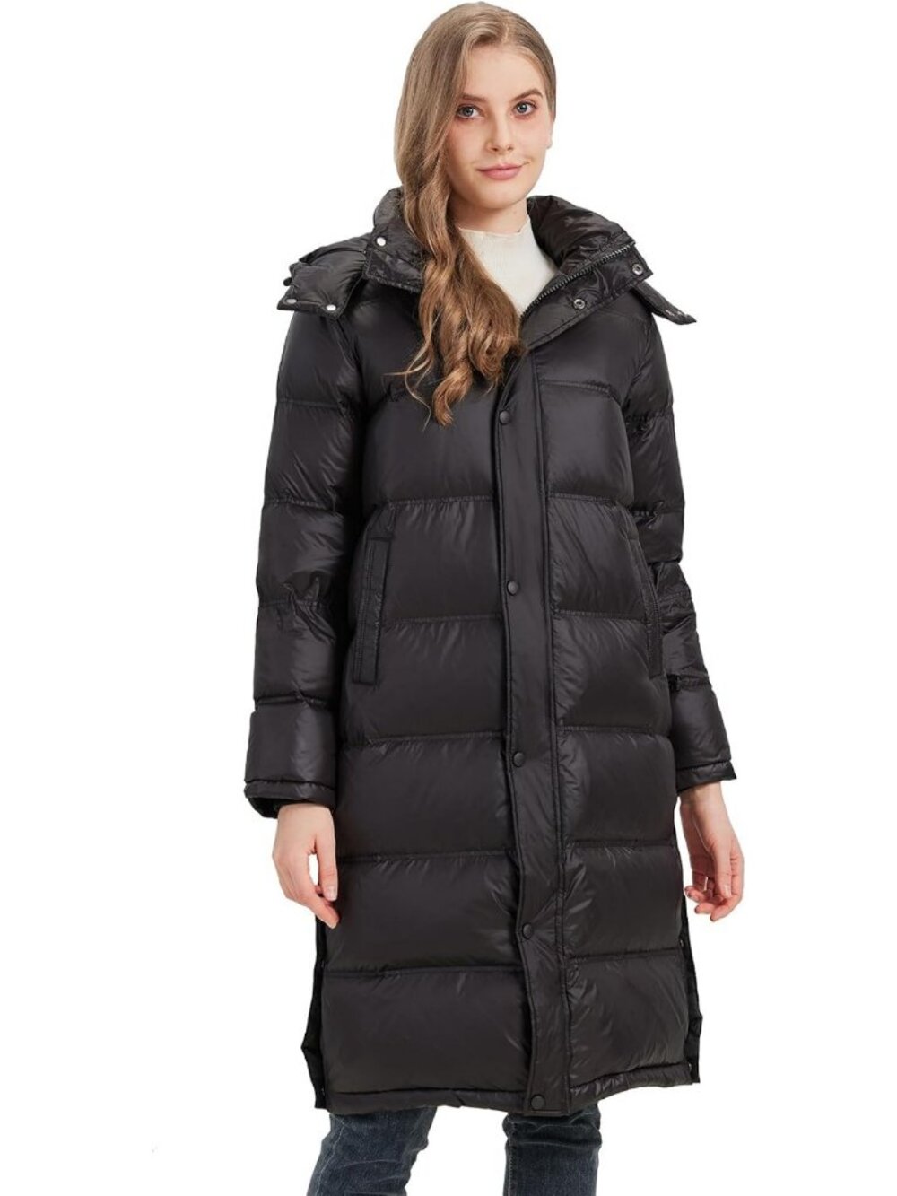 Cozy Black Long Down Puffer Coat with Detachable Hood for Women - Winter